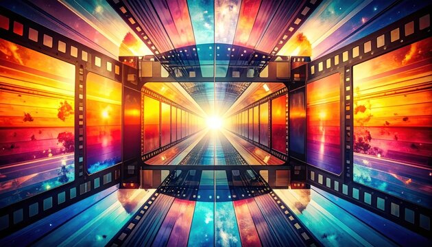 Abstract tunnel made of cinematic film strips and reels.