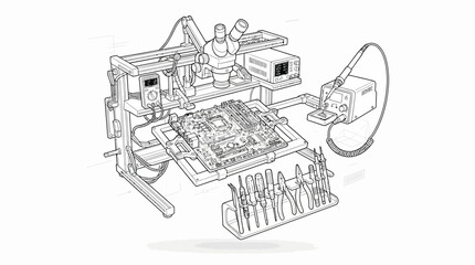 Obraz premium Detailed line art illustration of electronic repair station with motherboard microscope soldering station tools and multimeter for technology maintenance and diagnostics.