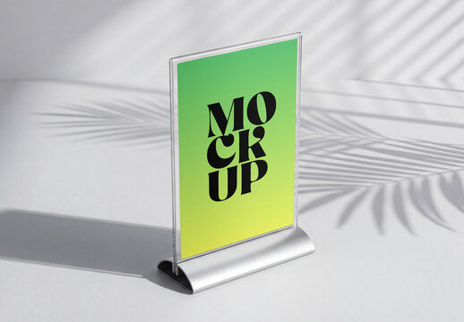 Acrylic Table Sign Holder Mockup with Palm Leaf Shadow and Gradient Poster