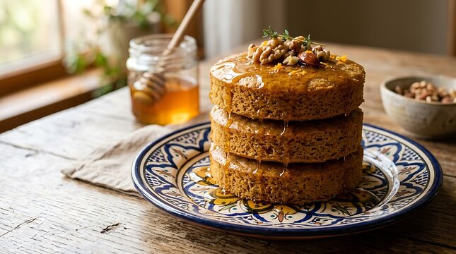 Stack of Thick Honey Drizzled Cakes with Walnuts on Rustic Plate