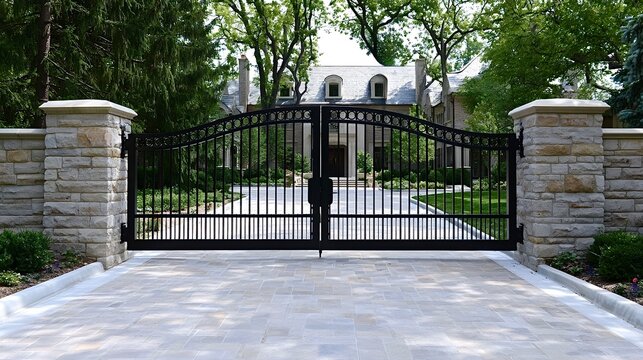 Wrought iron gate protecting a luxurious stone mansion