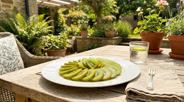 Fresh Sliced Kiwi Fruit on a White Plate in a Sunny Garden