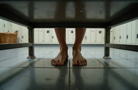 Bare feet of person stand on tiled floor inside locker room. Athlete prepares for training session near metal benches, storage cabinets. Person changes clothes before sports workout after swimming