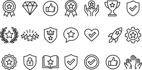 Quality assurance and trust line art vector icon set featuring premium badges rewards shields and guarantee symbols © Rakib