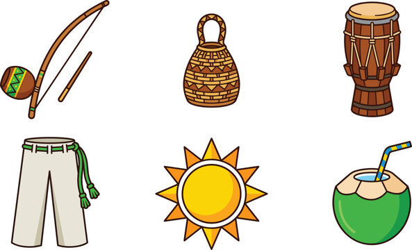 Capoeira and Brazilian Culture Icon Set with Berimbau, Caxixi Shaker, Atabaque Drum, Abada Pants, Sun, and Green Coconut Drink Symbols for Martial Arts Graphic Designs