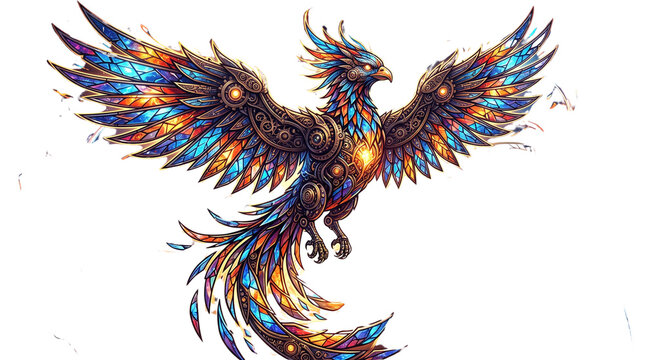 Steampunk mechanical phoenix bird with glowing gears and bronze wings, intricate clockwork firebird illustration, mythical fantasy creature on white