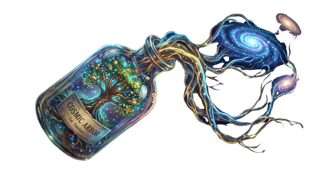 Cosmic Arbor magic potion bottle with glowing tree of life, mystical galaxy swirling from glass jar, fantasy alchemy elixir for gaming and storytelling
