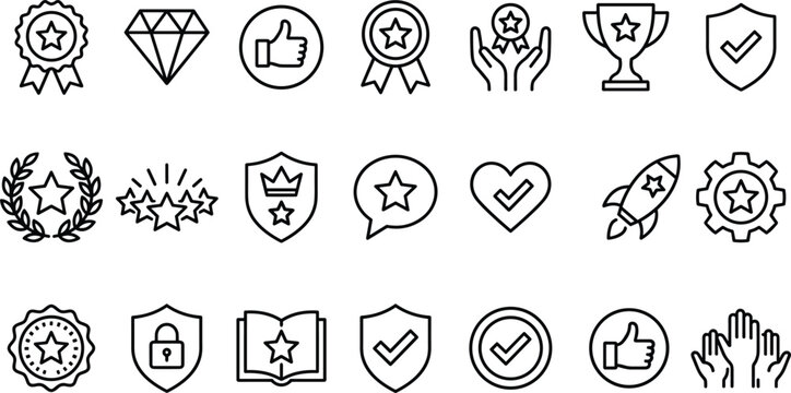 Quality assurance and trust line art vector icon set featuring premium badges rewards shields and guarantee symbols