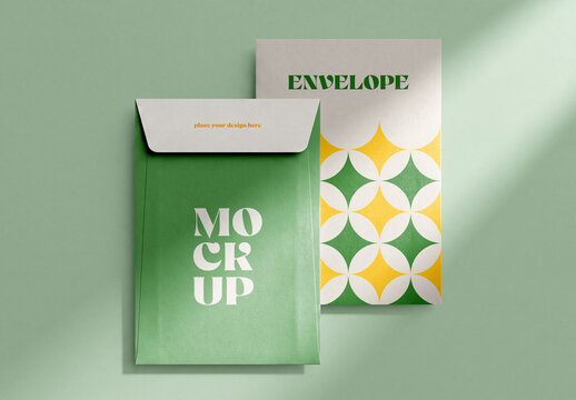 Two Envelope Mockups with Geometric Pattern and Green Design on Sage Background