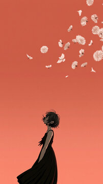 Silhouette of woman releasing confetti at sunset. Female figure celebrating freedom with colorful paper bursts. Emotional moment of joy and new beg...