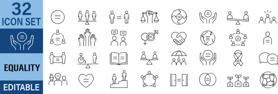 Equality Vector Outline Icons Set &ndash; Human Rights, Diversity, Inclusion, Equal Opportunity, Social Justice and Community Line Symbols Collection