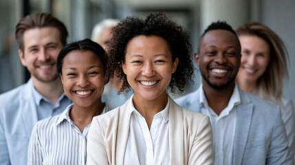 Fototapeta premium Faceless diverse team of professionals standing together and smiling confidently at camera in modern office hallway, inclusive corporate culture concept, team portrait