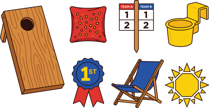 Cornhole Lawn Game and Backyard Tournament Icon Set with Wooden Board, Bean Bag, Scorekeeper, Cup Holder, Ribbon Award, Deck Chair, and Sun Vectors