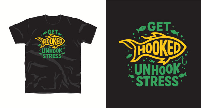 Get hooked unhook stress fishing t shirt design with fish silhouette and vintage typography for outdoors enthusiasts and hobbyist anglers.