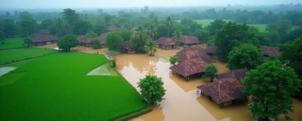 Naklejka premium Aerial view of flooded rural village surrounded by green rice fields. Brown rain water covers ground around houses, tropical vegetation. Extreme weather causes severe natural disaster impact on local