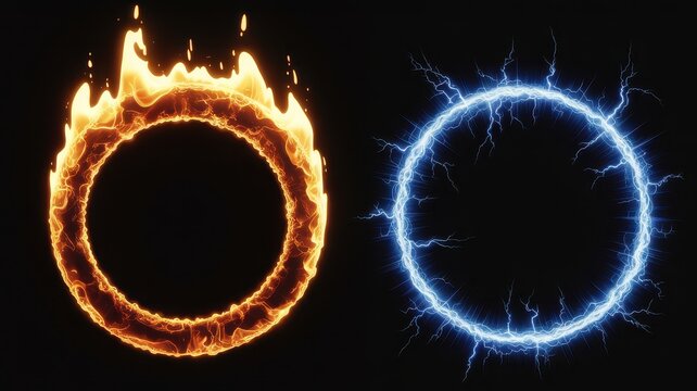 Glowing fire and lightning rings on black background, magical elemental portals of flame and electricity, cinematic energy circles for gaming