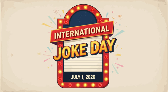 Retro Vintage Marquee Sign Celebrating International Joke Day with Confetti and Lights