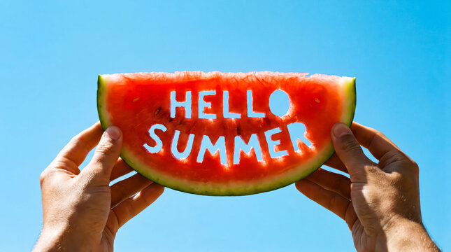 Person holding watermelon slice with hello summer text