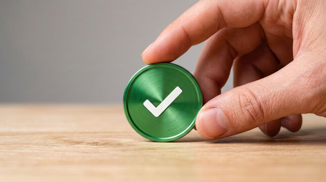 Hand pressing green checkmark button on wooden surface