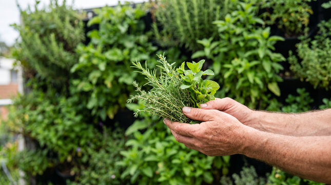 Hands holding fresh herbs from a vertical garden wall &mdash; urban sustainability and self-sufficient gardening concept.