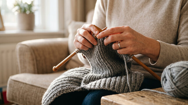 Hands knitting a wool scarf with wooden needles &mdash; cozy craft hobby and mindful handmade lifestyle concept.