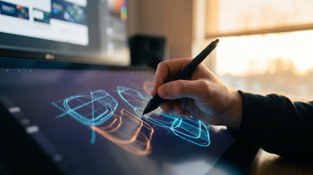 Hand drawing an abstract wireframe with a stylus on a digital tablet &mdash; UI/UX design and creative technology concept.