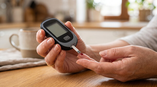 Hands testing blood sugar with a glucose meter &mdash; diabetes management and self-care healthcare concept.