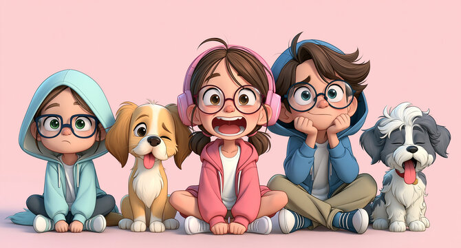 Diverse group of cartoon dogs with glasses posing together. Colorful stylized puppies wearing eyewear and sitting side by side. Playful mascot team...