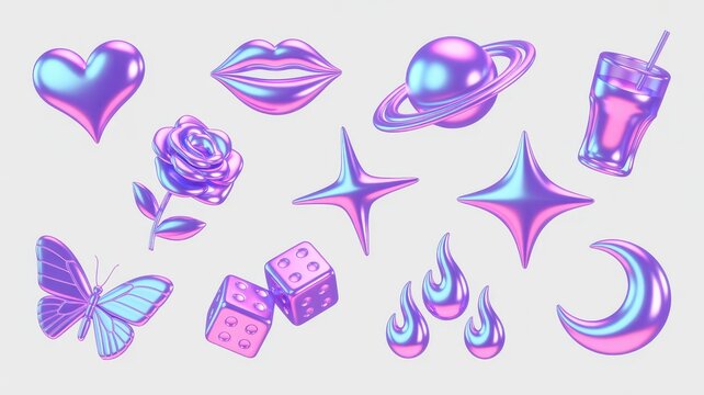 Holographic 3D icons set, iridescent purple and blue chrome elements, futuristic Y2K aesthetic symbols for digital design and social media