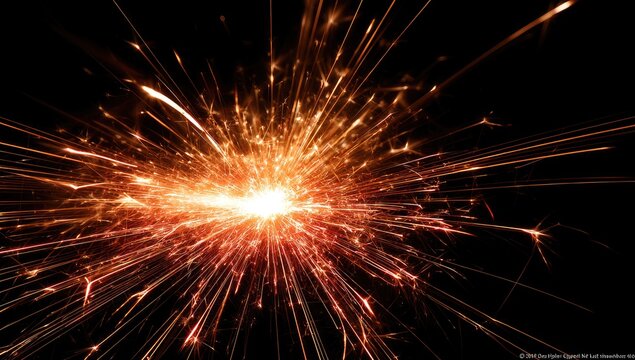 A bright, exploding sparkler emits a fiery burst of orange and yellow sparks against darkness