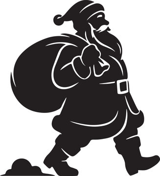 Black silhouette of santa claus walking and carrying a large sack of gifts over his shoulder, isolated on a white background