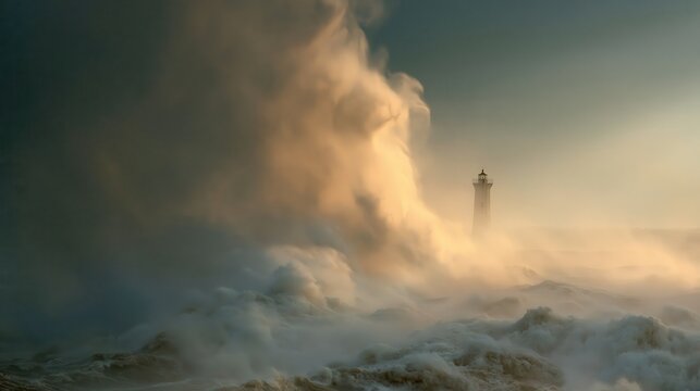 Elegent photo of A massive ocean wave crashes against a lighthouse during a dramatic storm. This powerful image represents resilience and endurance against nature's forces.