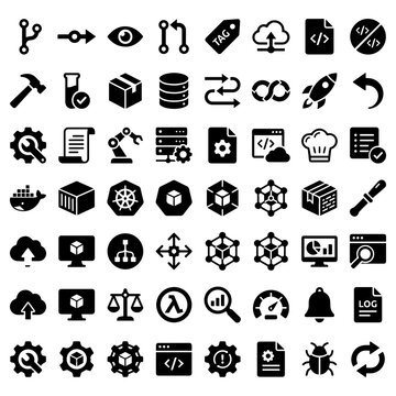 Set of diverse dev ops and software engineering development icons with software