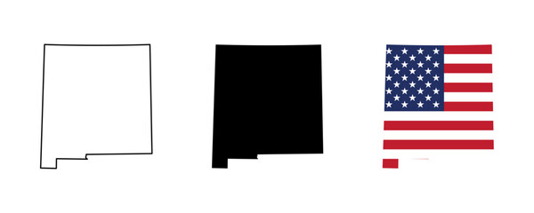 Fototapeta premium New Mexico state outline, silhouette and American flag icon set
