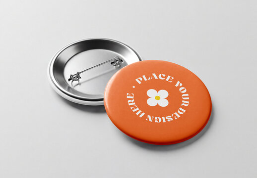 Pin Button Badge Mockup with Front and Back View on White Background