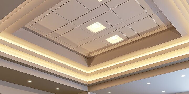 Modern suspended ceiling with recessed square lights and cove lighting
