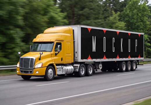 Semi Truck Trailer Mockup with Bold Typography on Highway
