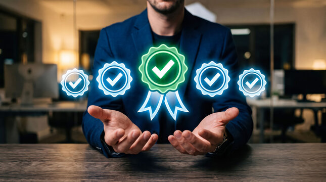 Person presenting digital award badges with check marks