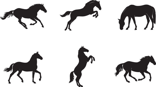 Set of six black silhouettes of horses in various poses, including running, jumping, grazing, and rearing, isolated on a white background