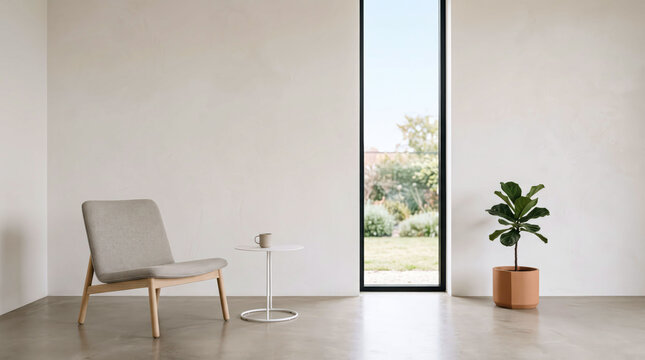 Modern lounge chair near large window with potted plant