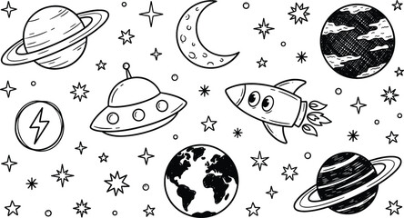 Outer Space Galaxy Astronomy Doodle Vector Element Set with Rocket Ship, Alien Spaceship UFO, and Solar System Planet Designs © mdferozhossain