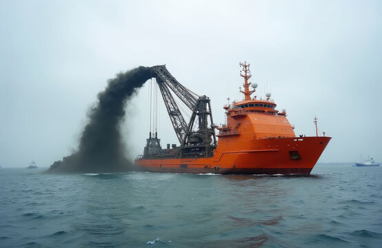 Orange industrial dredger vessel works at sea on cloudy day. Large ship excavates sand mud from ocean floor using crane. Marine equipment removes underwater soil for port construction. Heavy
