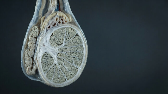 Anatomical cross-section of a testis showing seminiferous tubules and structures