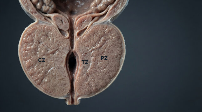 Anatomical dissection of human prostate gland lobes with labels CZ, TZ