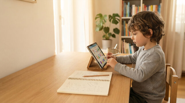 Young boy learning on tablet computer at wooden desk with notebook