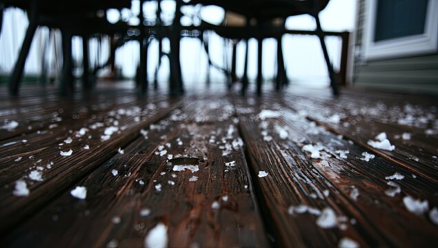 Wet wooden deck with scattered ice pellets after a storm