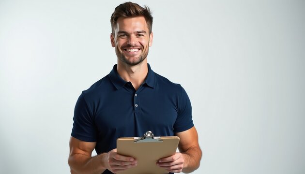 Smiling young man holding clipboard against white wall. Handsome athletic guy wearing blue polo shirt poses for camera. Professional male worker stands with paper document folder. Person looks