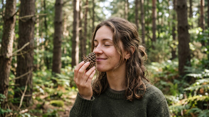 Fototapeta premium Serene young woman smelling a pinecone in a lush green forest
