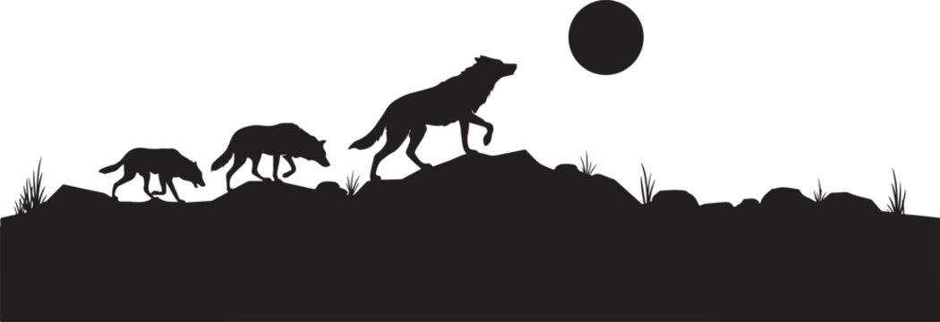 Black silhouette of a pack of wolves walking on a rocky hill under a full moon in a night landscape, isolated on a white background