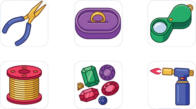 Jewelry Making and Craft Tools App Icon Set with Pliers Ring in Box Loupe Wire Spool Gemstones and Blowtorch Vector Illustration
